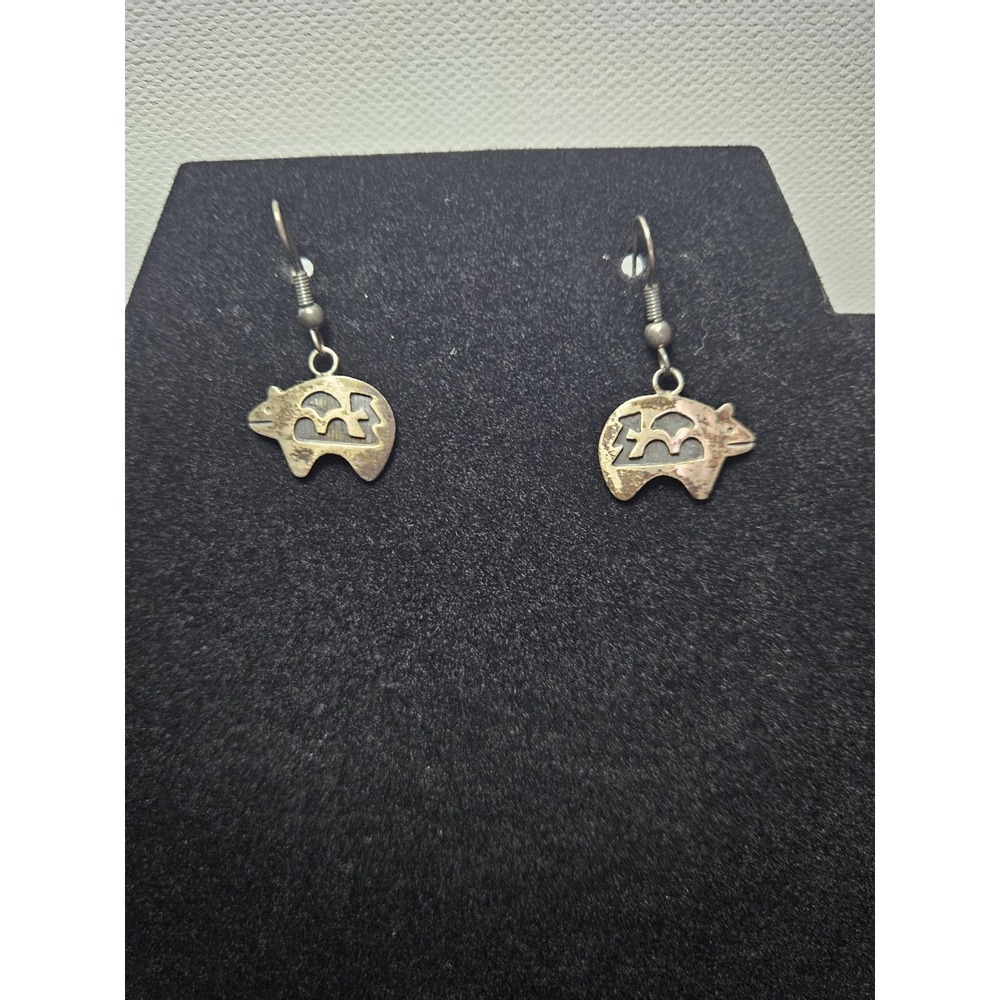 Vintage Aged Patina‎ Silver Heartline Bear Earrings Oxidized Western
